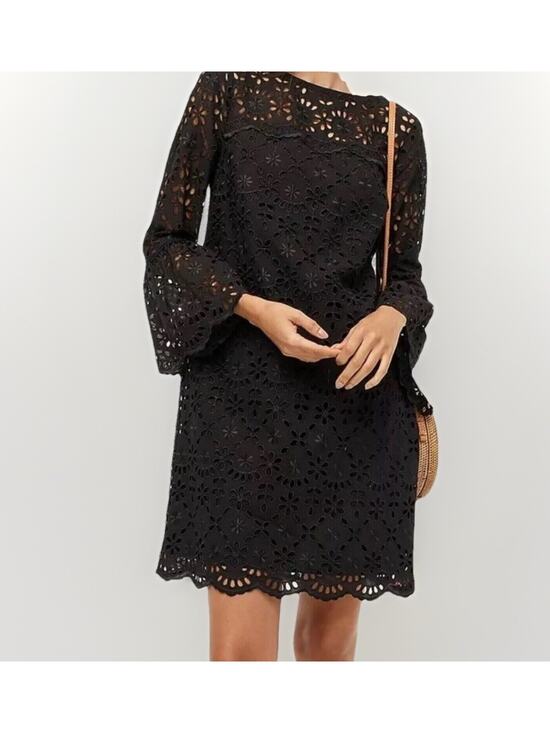 J. Crew Dresses & Skirts - NWT J Crew Black Embroidered Shift Dress Sz 4 Eyelet Bell Sleeve Scalloped Lined